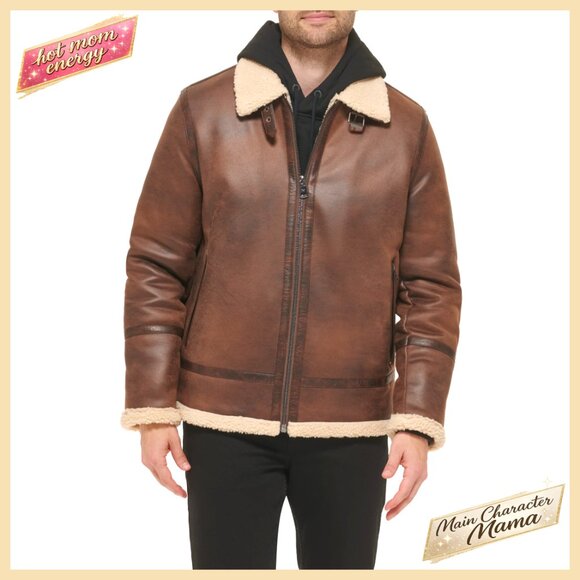 Men's Faux Leather Bomber Jacket with Shearling Lining Regular Fit